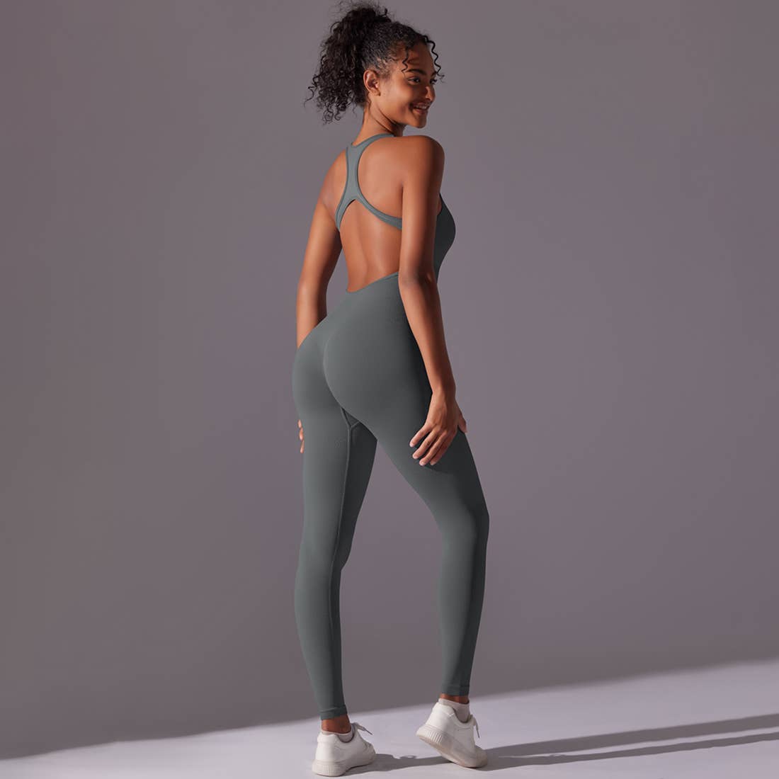 Women Seamless Women's I-Back Tight Yoga Sport Jumpsuit: Gray / S