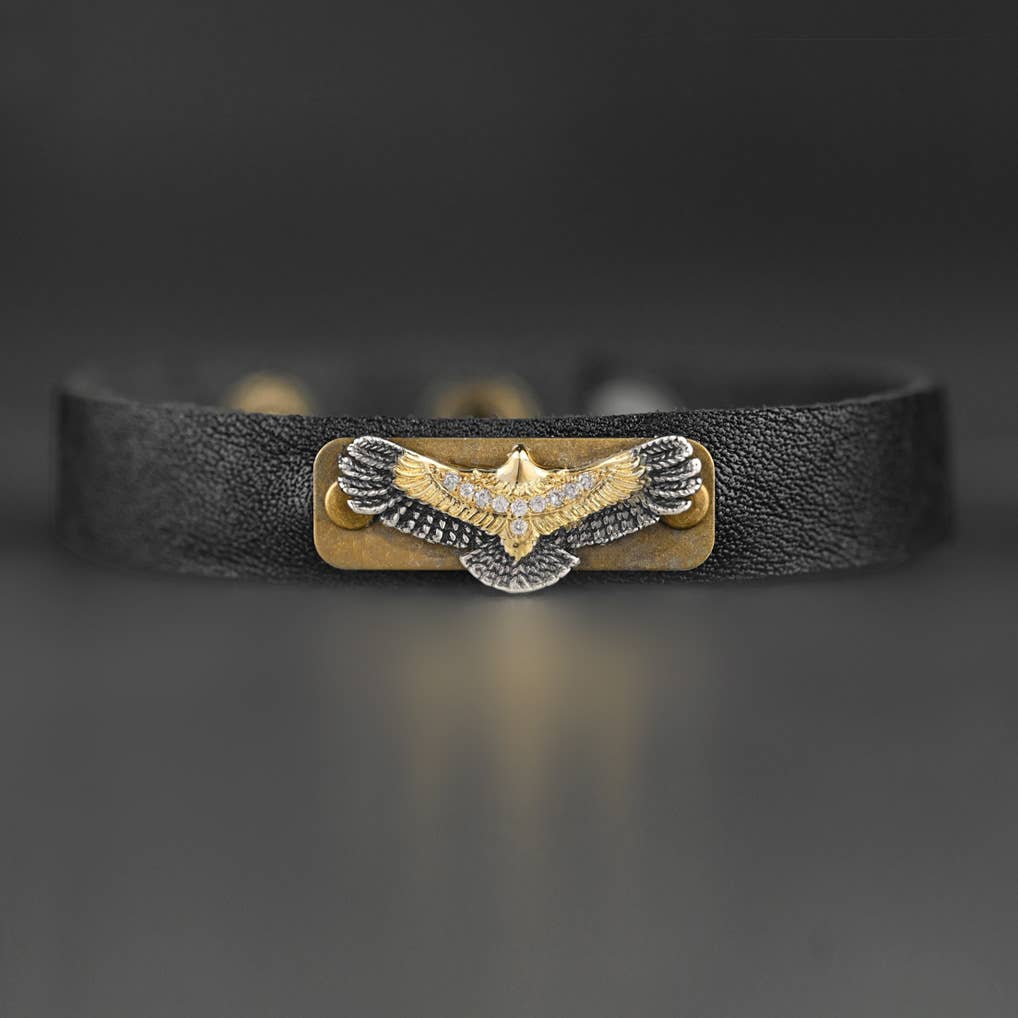 Leather Stacker Cuff w/ Freedom Eagle and Delicate Crystals: Black