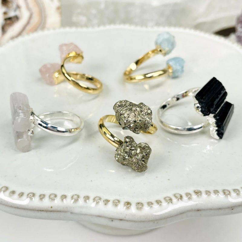 Assorted Double Crystal Rings - Aquamarine, Selenite, Quartz: Silver / Aquamarine