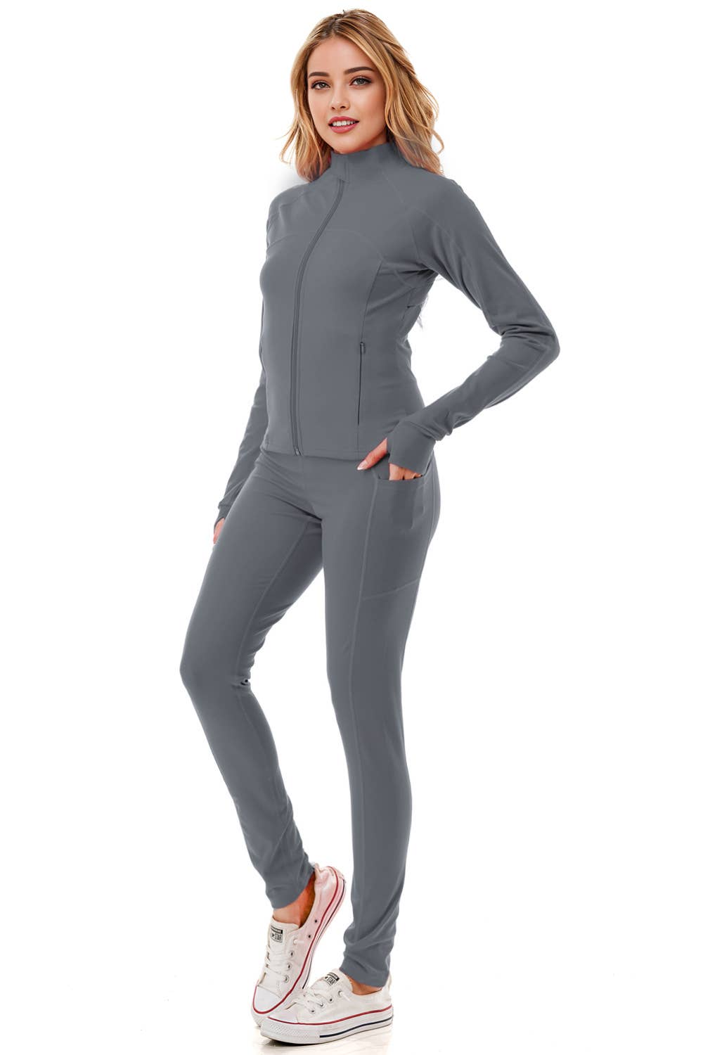 Solid color activewear define jacket with yoga legging set  : Black