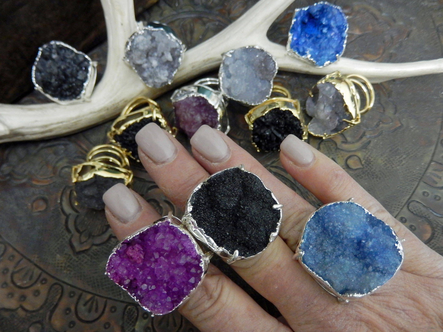 Druzy Ring - Adjustable Size - Stone Edged in Electroplated in 24k Gold or Silver: Silver / Dark