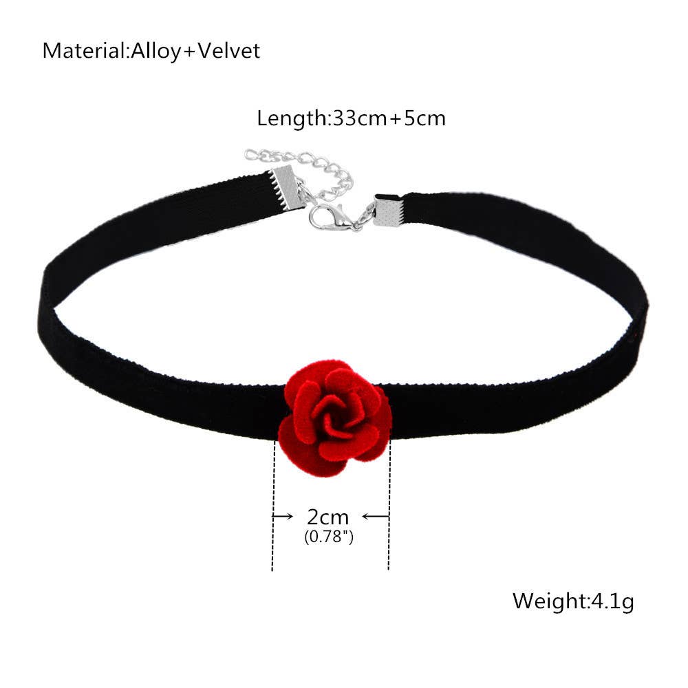 Red Rose Velvet Choker Necklace: Red