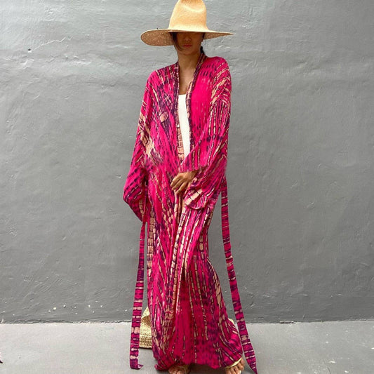 Tie-Dye Beach Cover-Up Cardigan Bikini Sunscreen_CWMM6299: ROSE / (OS) 1