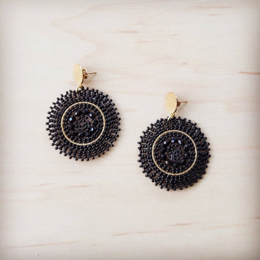 Gold & Ebony Beaded Medallion Dangle Earrings 219ci