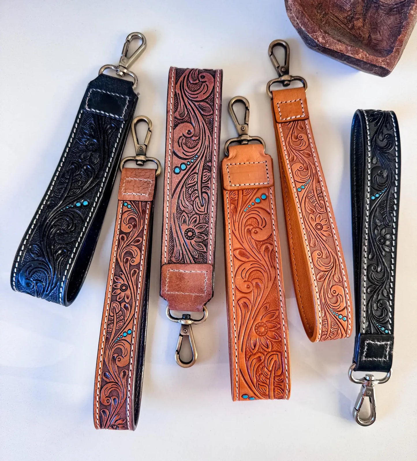 Hand Tooled Leather Keychain - Key Fob: SKINNY - TAN