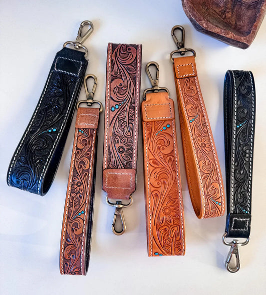Hand Tooled Leather Keychain - Key Fob: SKINNY - BROWN
