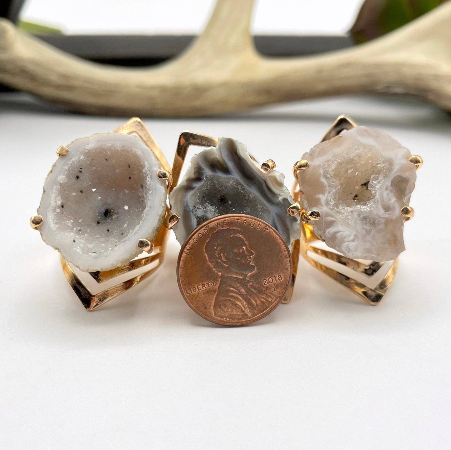 Crystal Adjustable Rose Gold Druzy Ring: Chalcedony