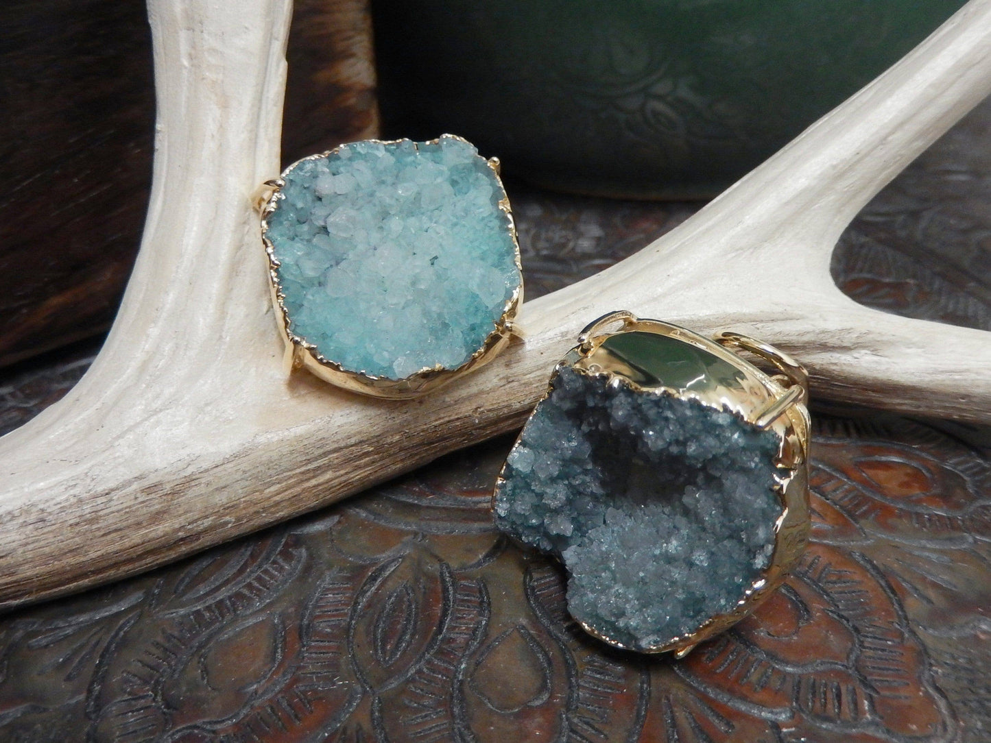 Druzy Ring - Adjustable Size - Stone Edged in Electroplated in 24k Gold or Silver: Silver / Dark