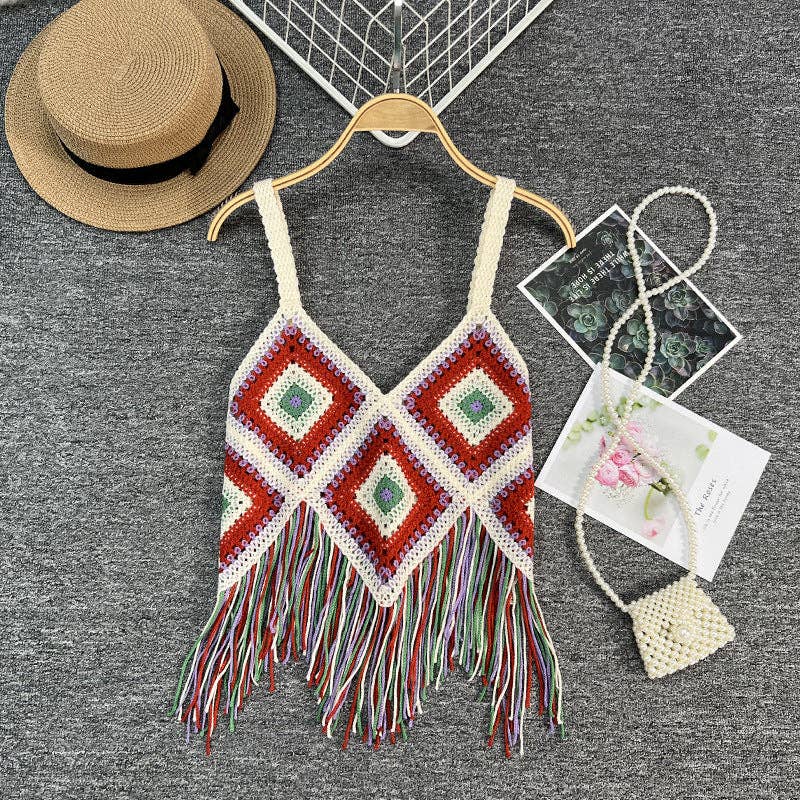Checkered Bohemian Tassel Camisole: BLACK