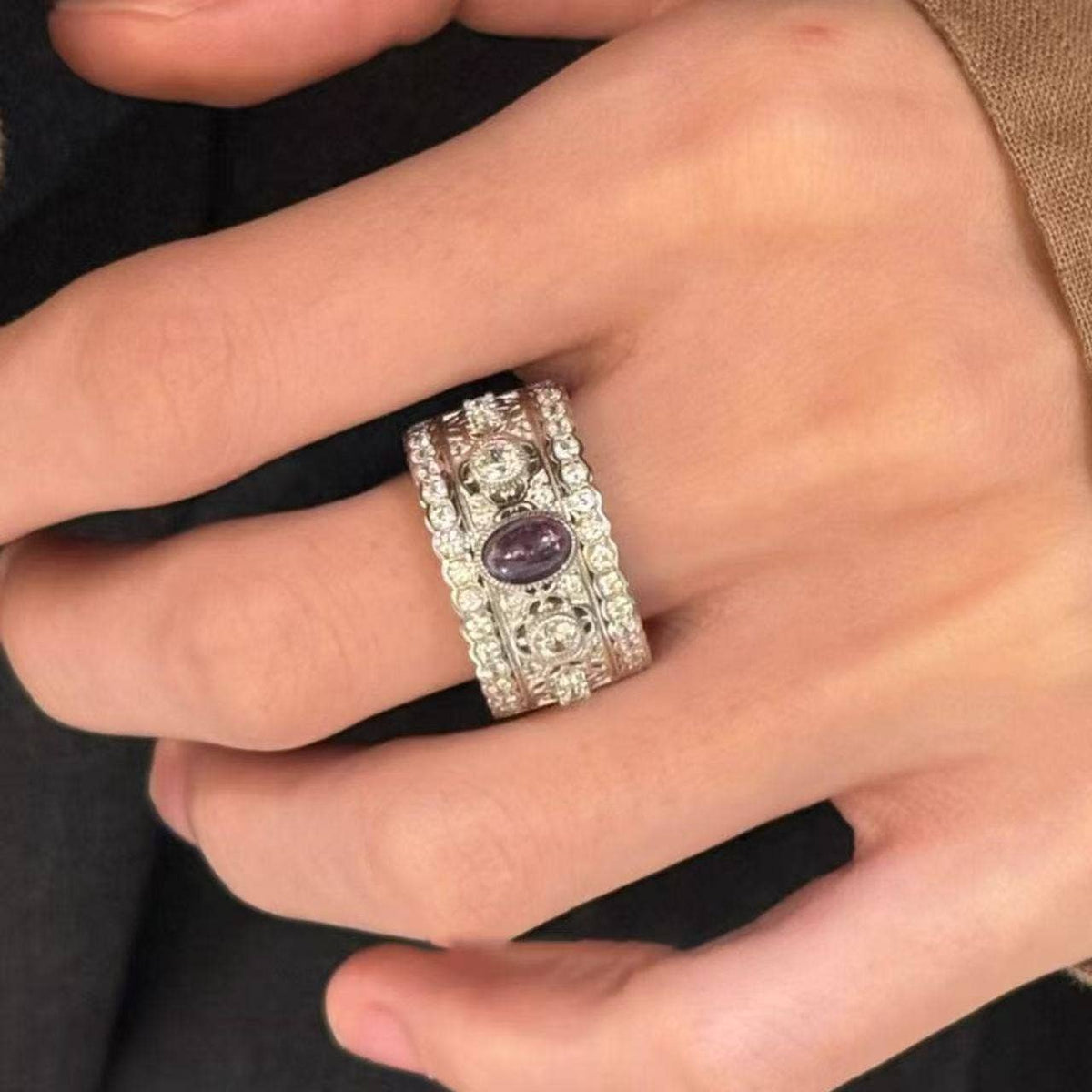 Refined Statement Ring: Silver-Tone / Purple Gemstone Texture Ring / Adjustable