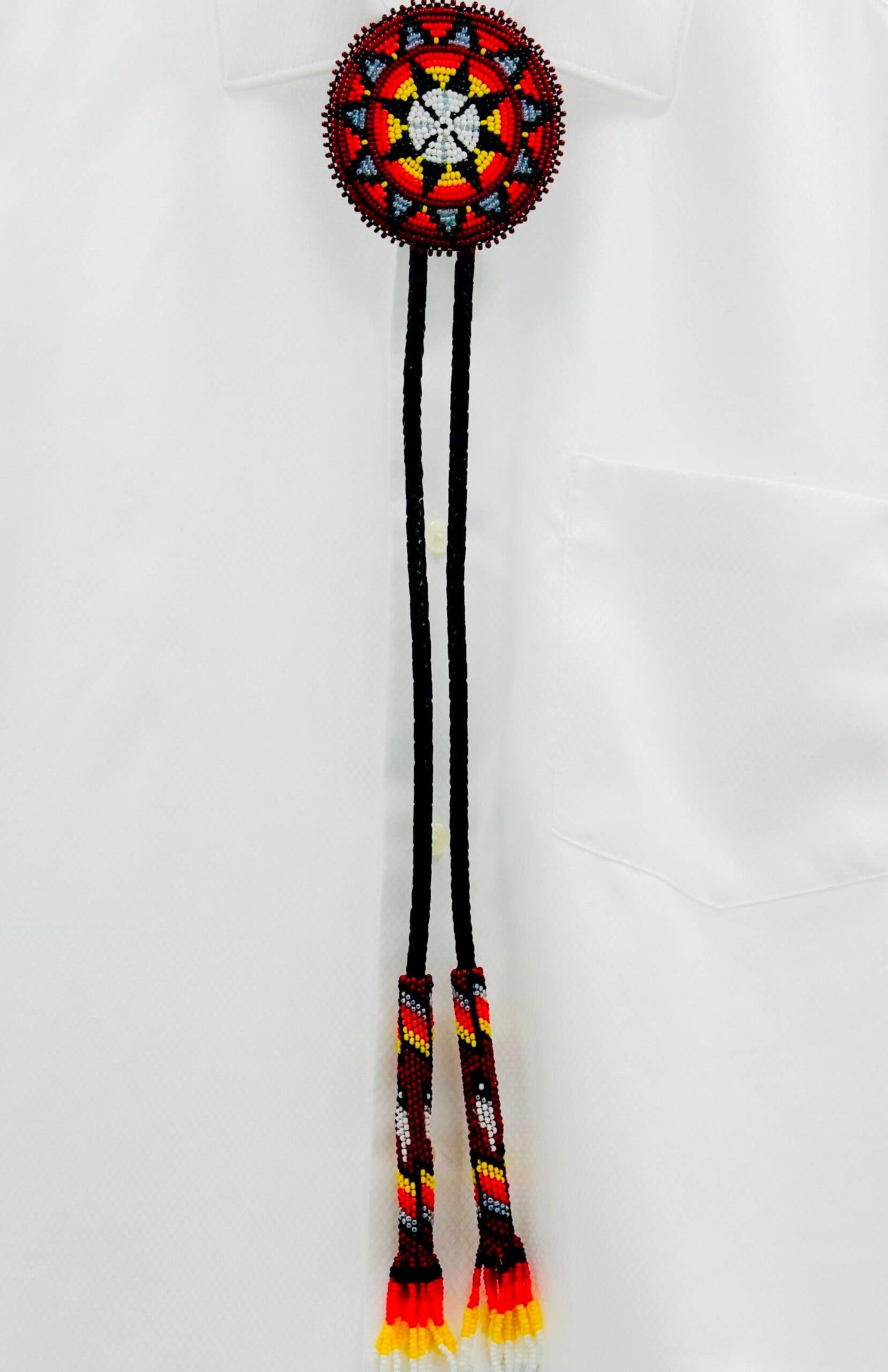 Handmade Beaded Red Star Bolo Tie with Black Leather, Adjustable Length