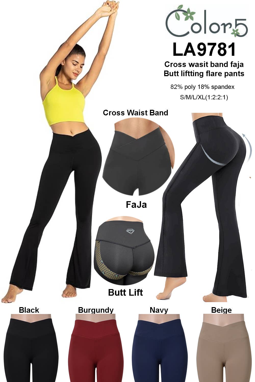 Cross waist band flare yoga legging faja waist body shaper: Black