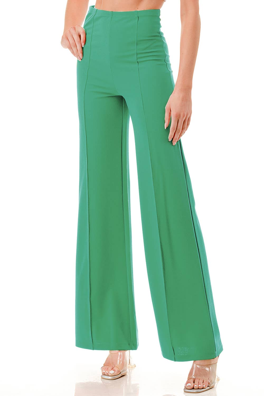 Solid color wide leg high waist dressy pants with trim line: Rust