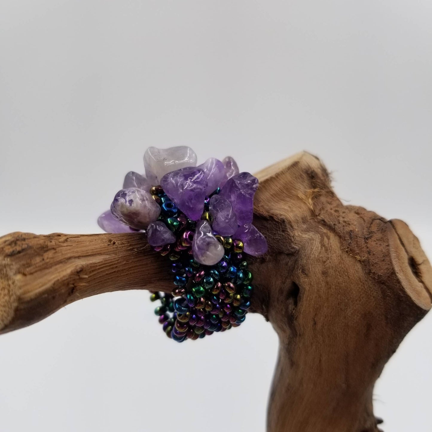Natural Amethyst Crushed Stone Seed Bead Elastic Ring