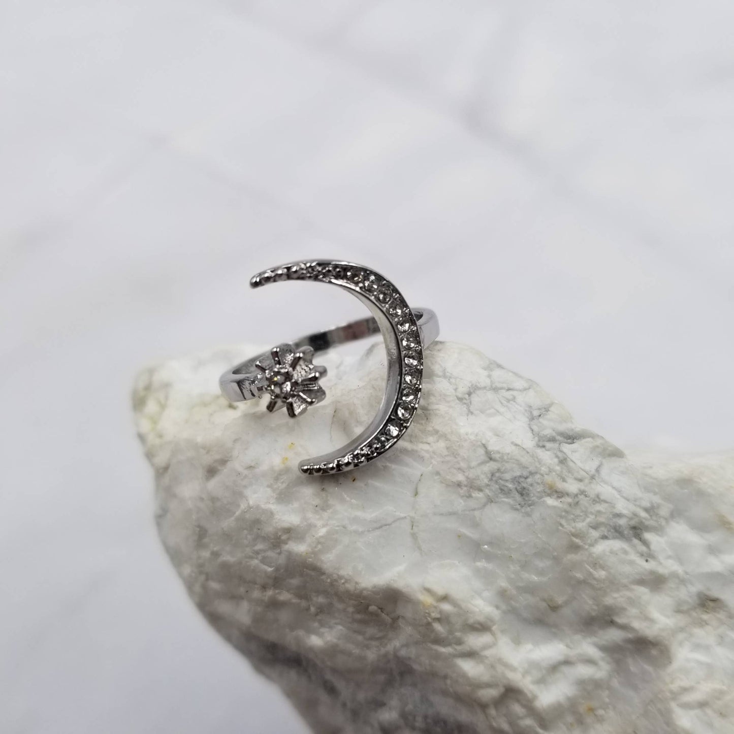 Crystal Moon and Stars Open Ring: Gold