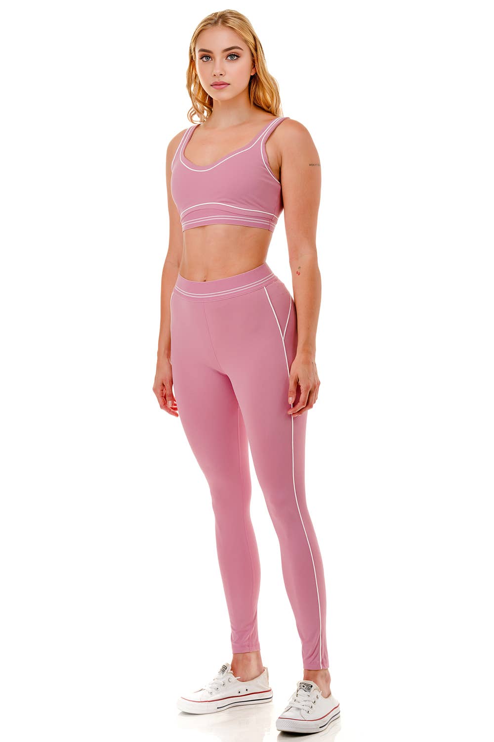 Premium sports bra with matching white trim line legging set: Black