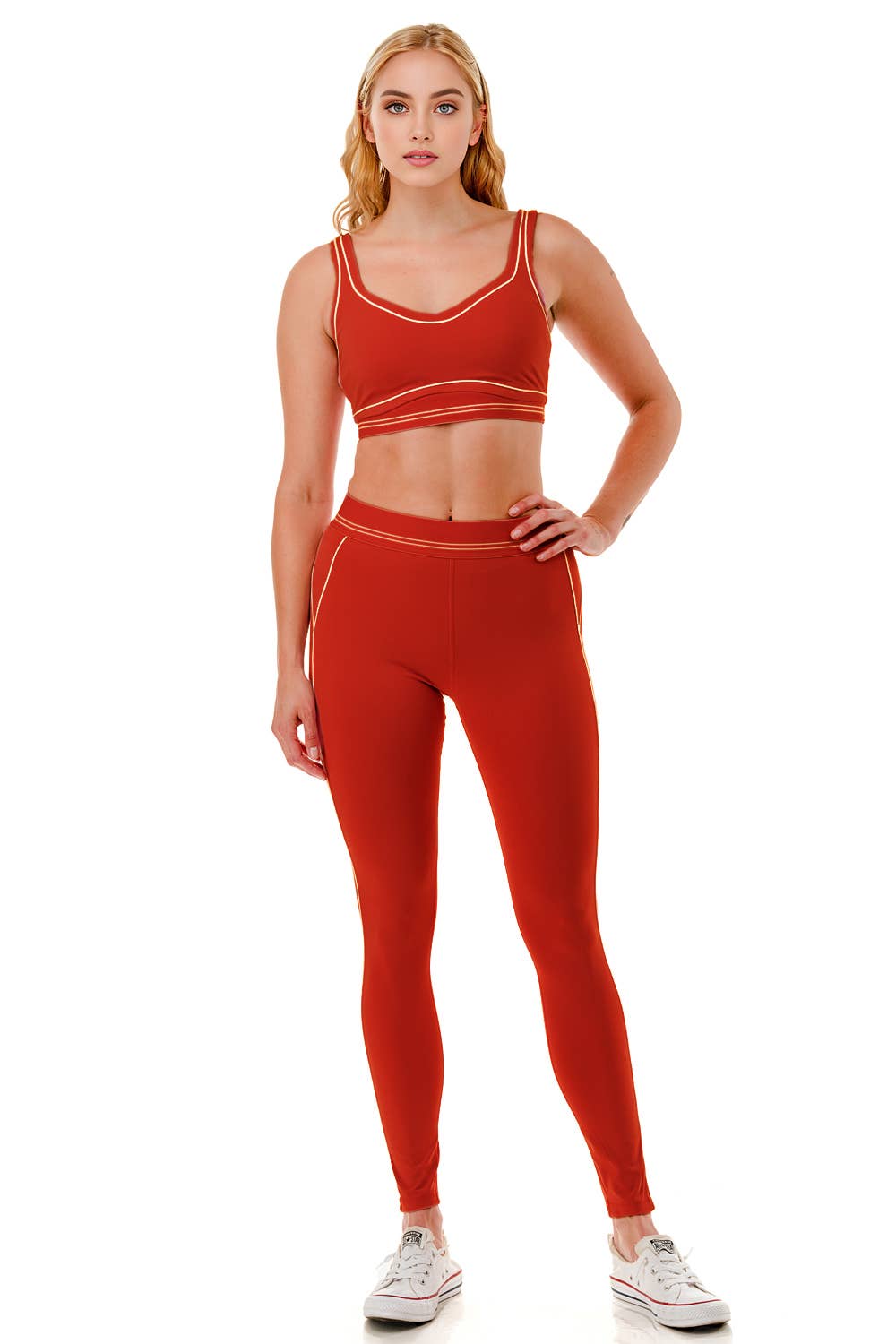 Premium sports bra with matching white trim line legging set: Black