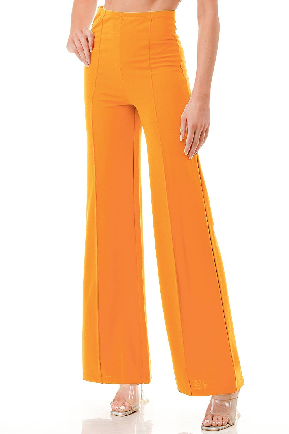 Solid color wide leg high waist dressy pants with trim line: Rust
