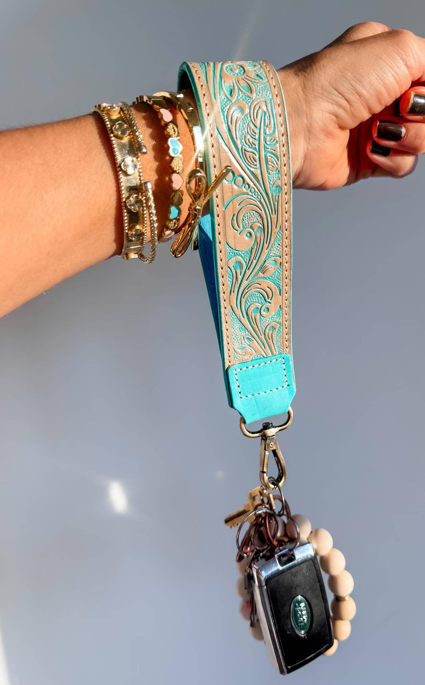 Hand Tooled Leather Keychain - Key Fob: SKINNY - TAN