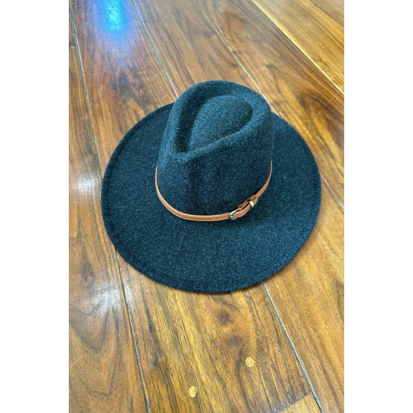Wide Brim Fedora Hat With leather Belt: CHARCOAL / ONE SIZE