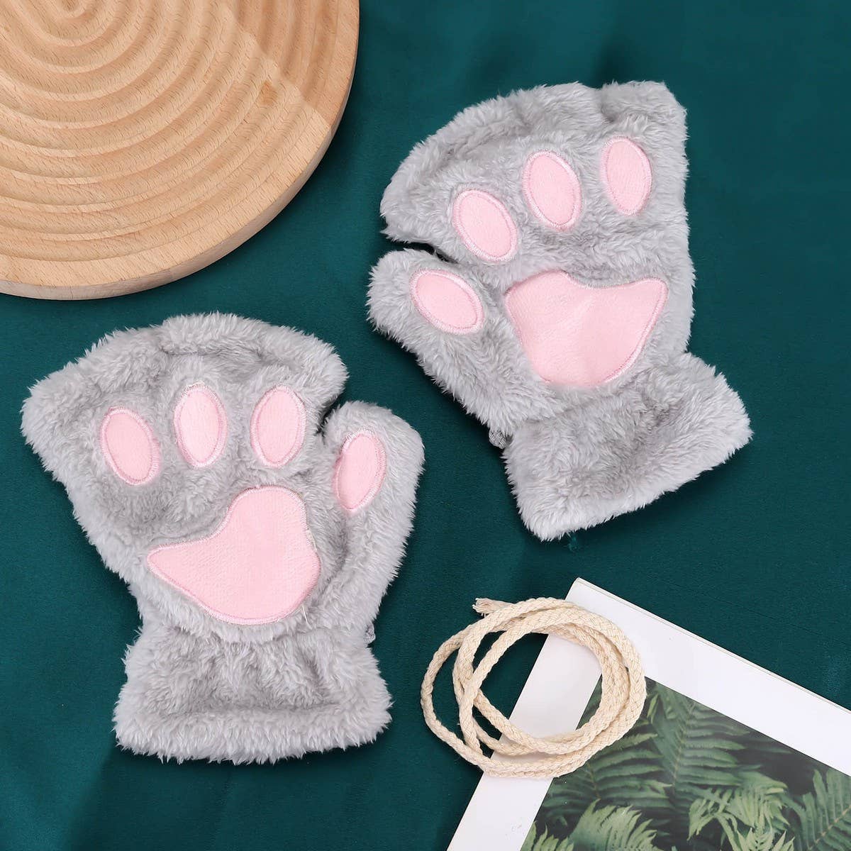 CARTOON CAT PAW BEAR PAW PLUSH HALF FINGER GLOVES_CWAG0175: ROSE / (OS) 2