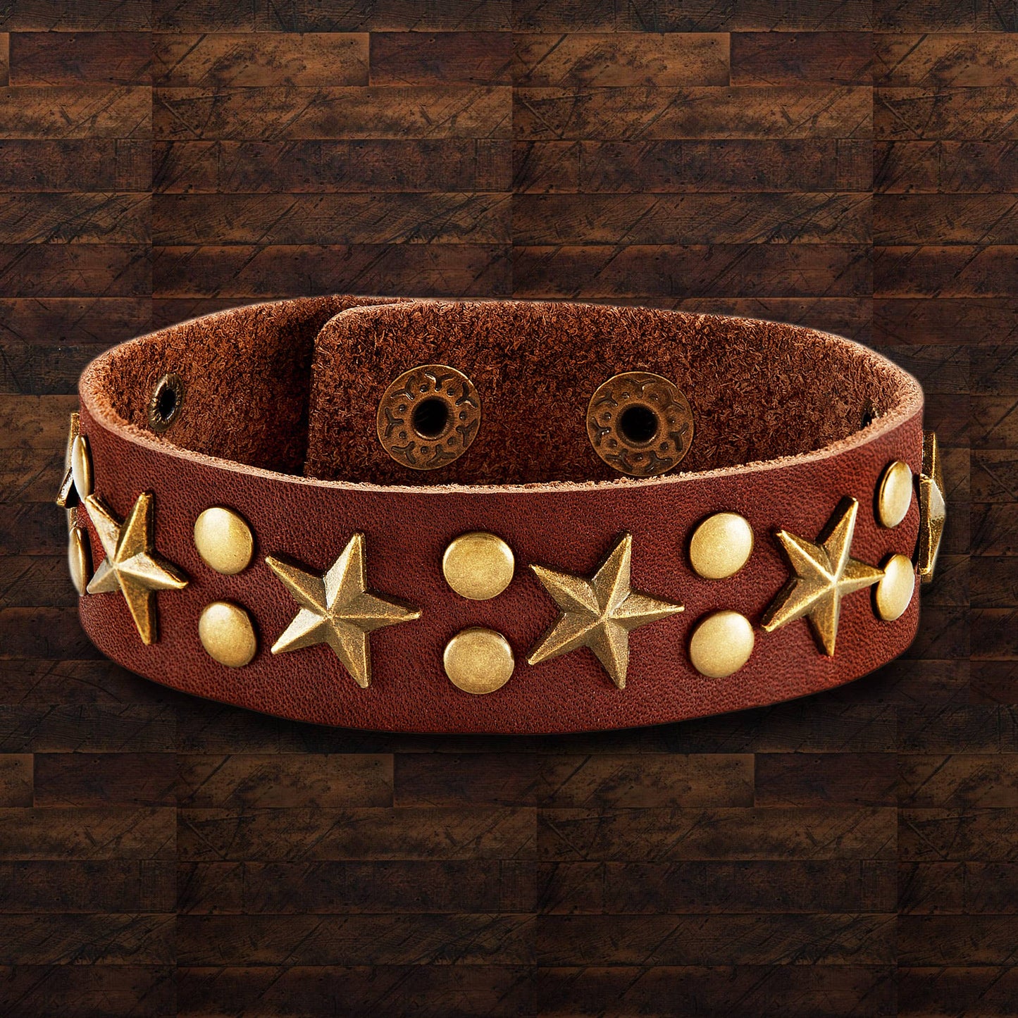 Star Studded Brown Leather Cuff Bracelet