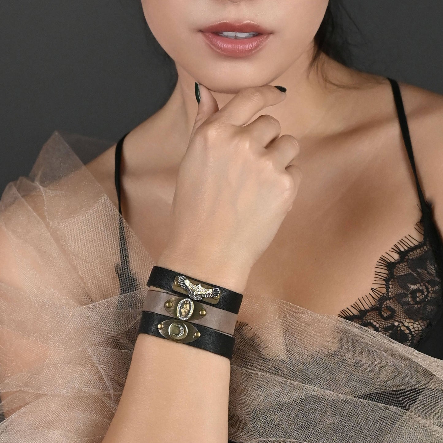 Leather Stacker Cuff w/ Freedom Eagle and Delicate Crystals: Black