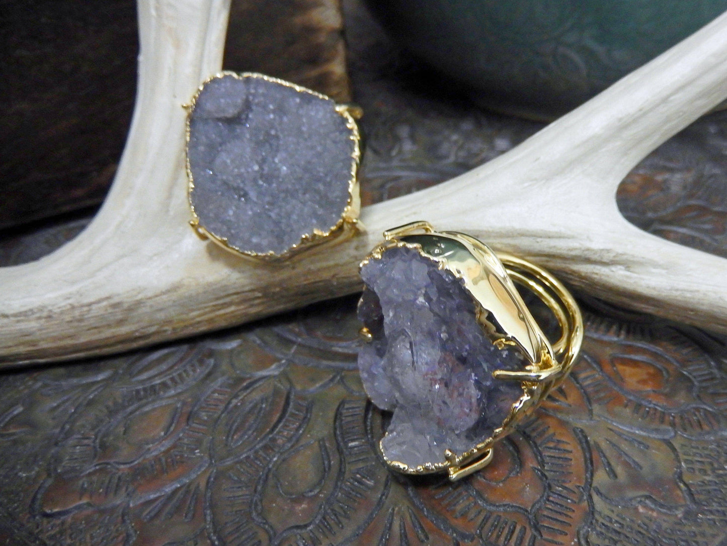 Druzy Ring - Adjustable Size - Stone Edged in Electroplated in 24k Gold or Silver: Silver / Dark
