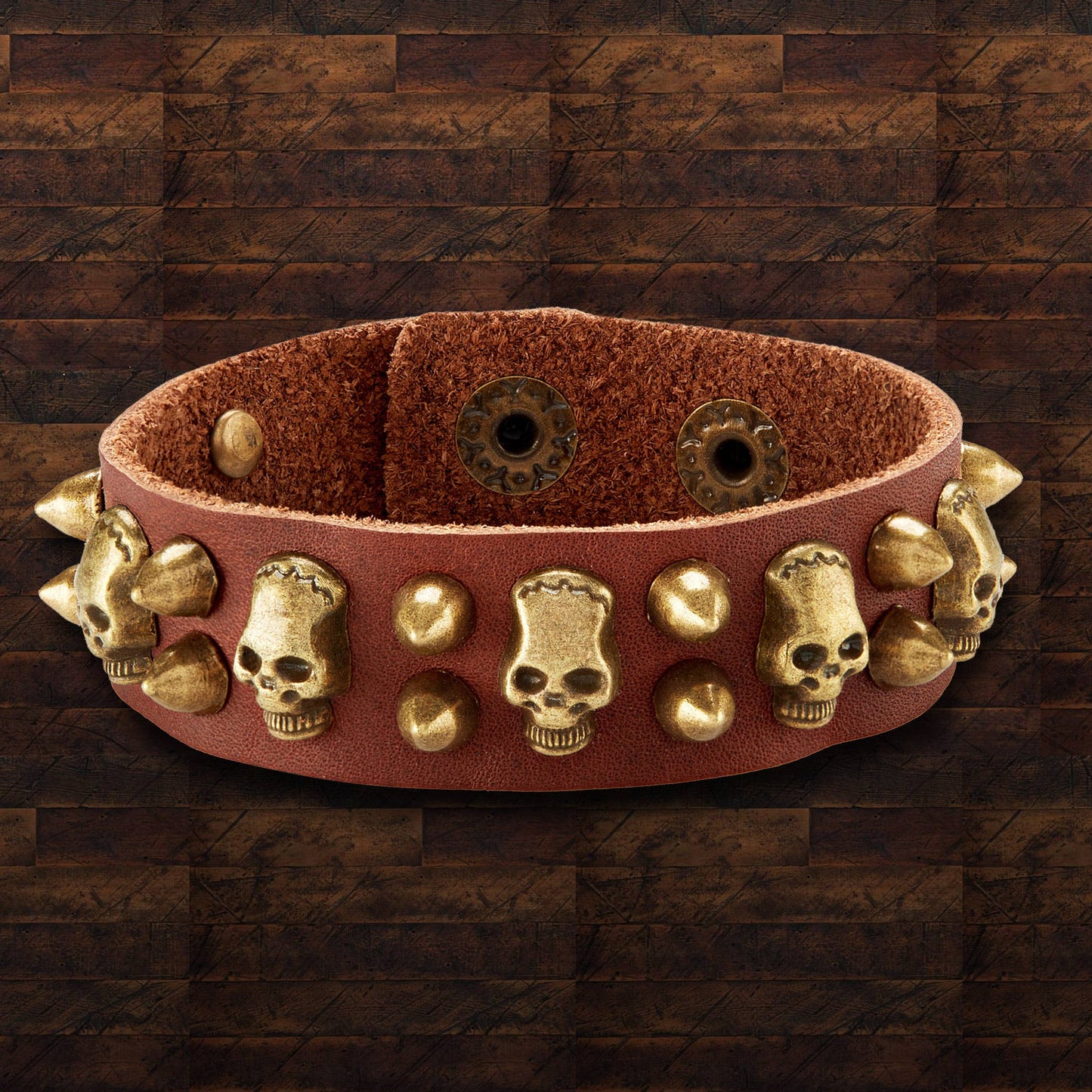 Skull and Bullet Studs Brown Leather Cuff Bracelet
