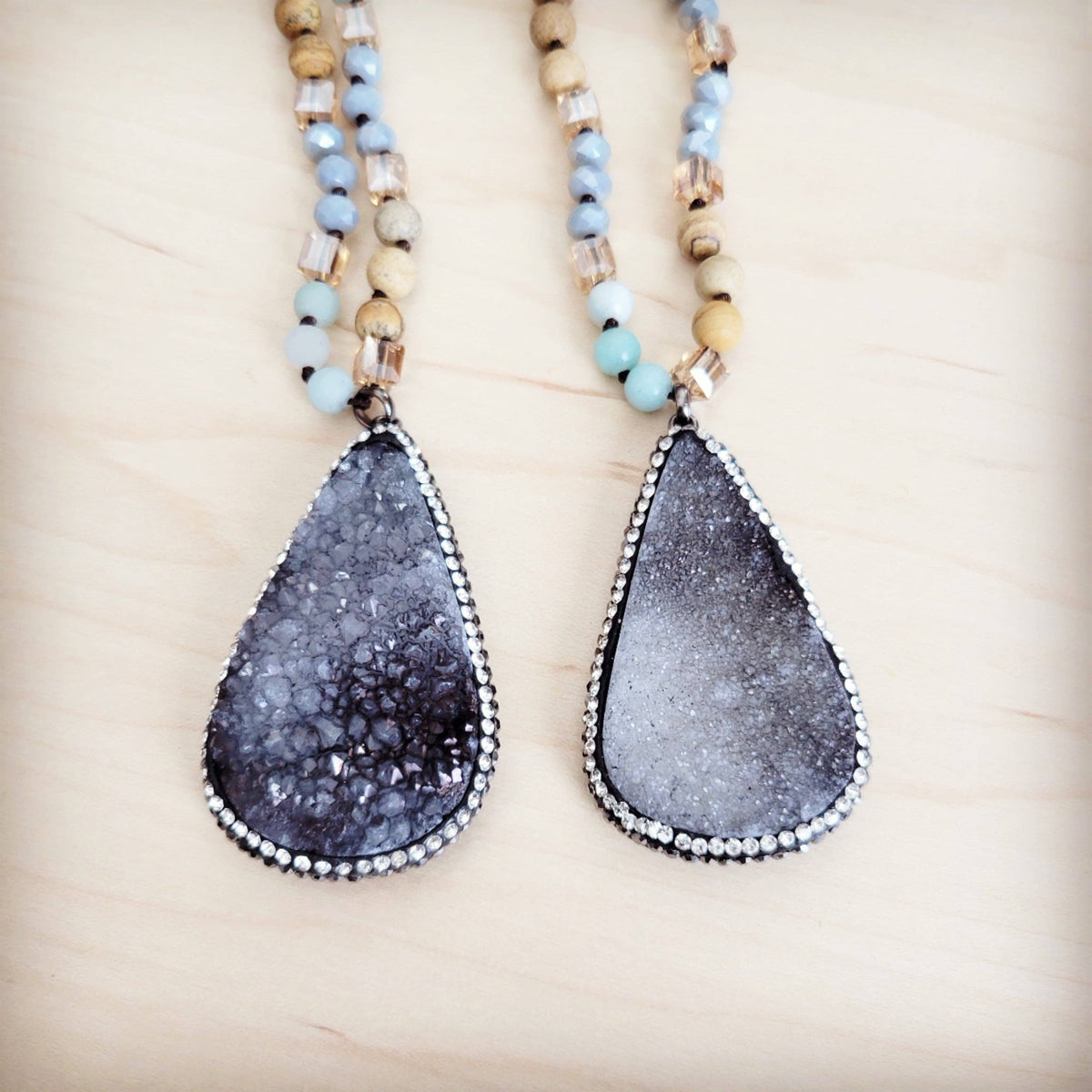 **Amazonite Long Beaded Necklace w/ Druzy Pendant 262u