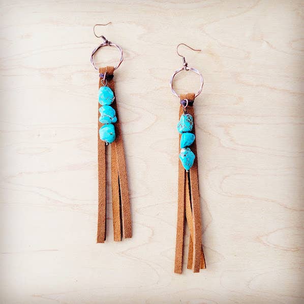 Leather Fringe Earrings with Turquoise Chunks Tan 223f