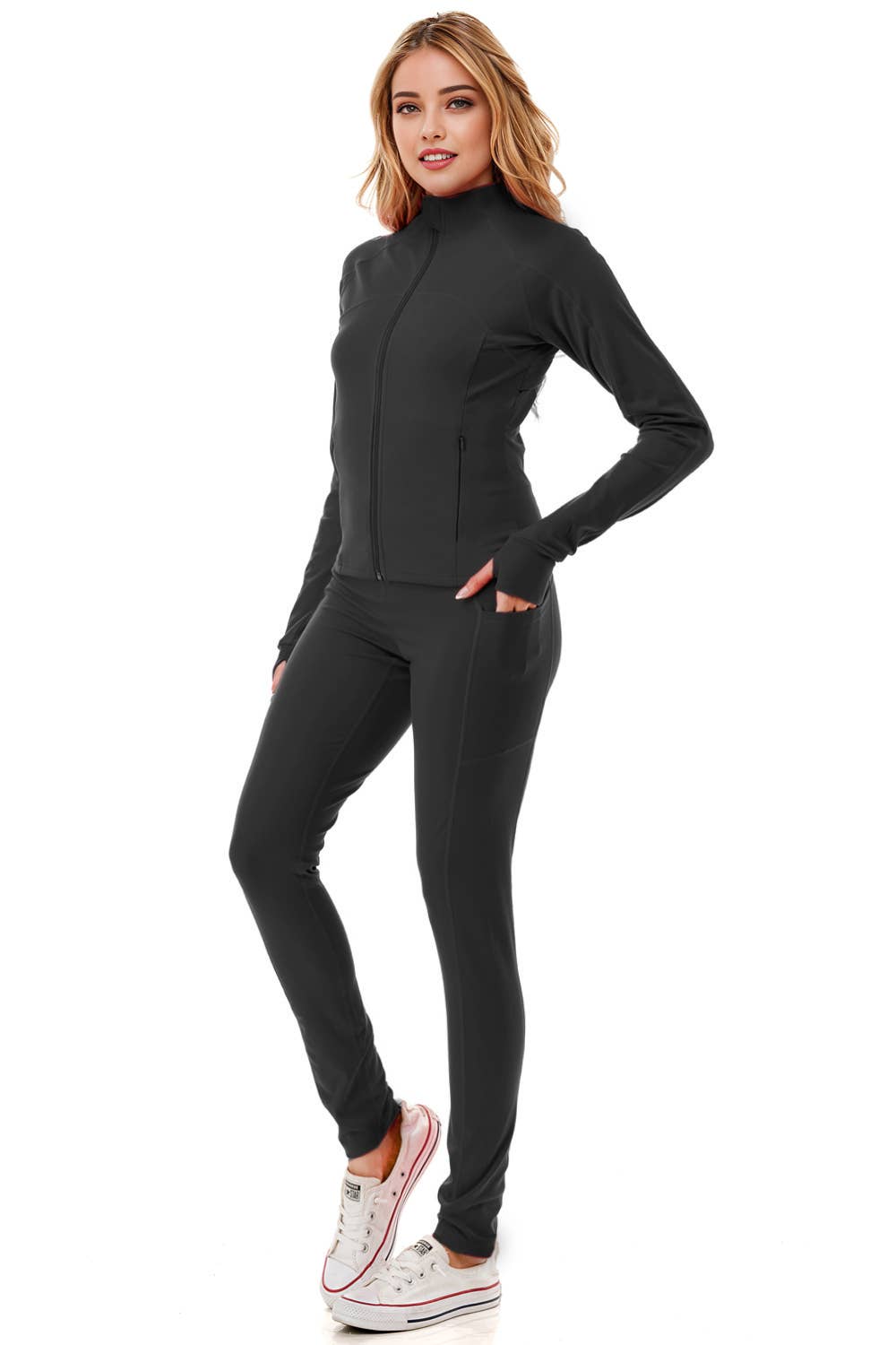 Solid color activewear define jacket with yoga legging set  : Black