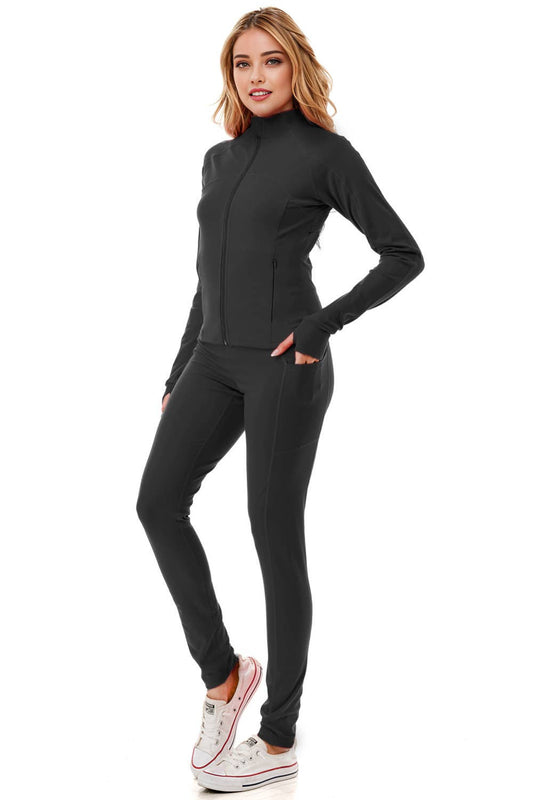 Solid color activewear define jacket with yoga legging set  : Black