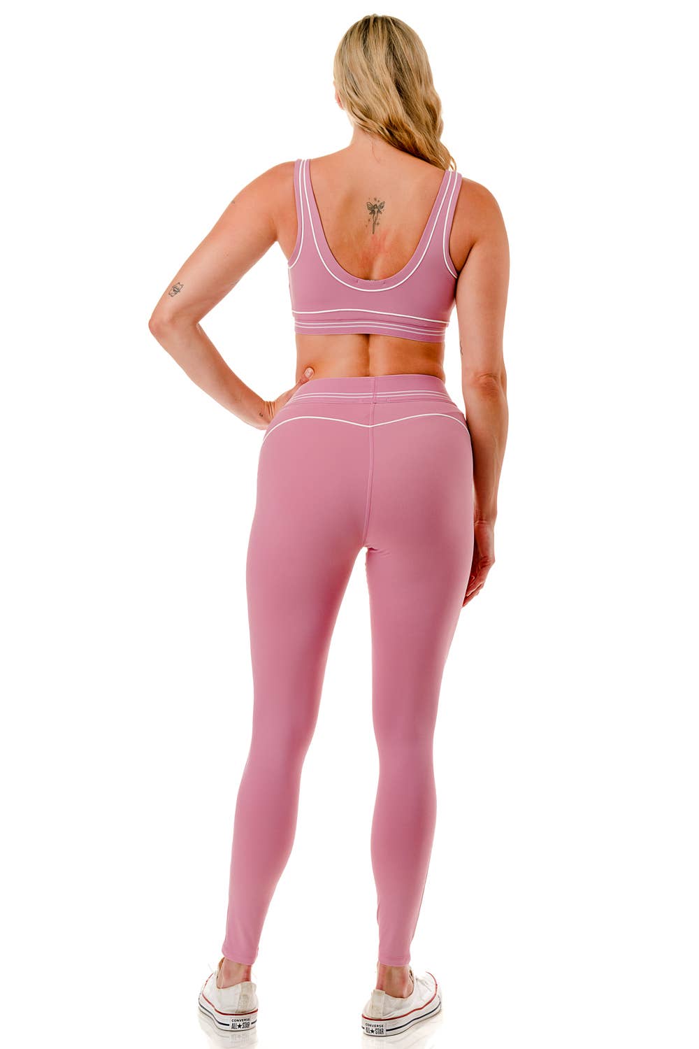 Premium sports bra with matching white trim line legging set: Black