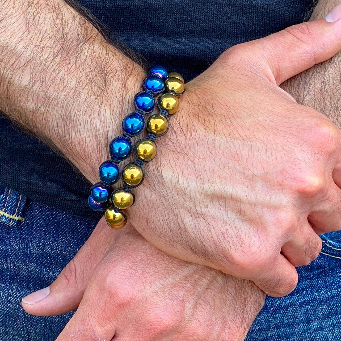 Polished Plated Hematite Stone Beaded Adjustable Bracelet