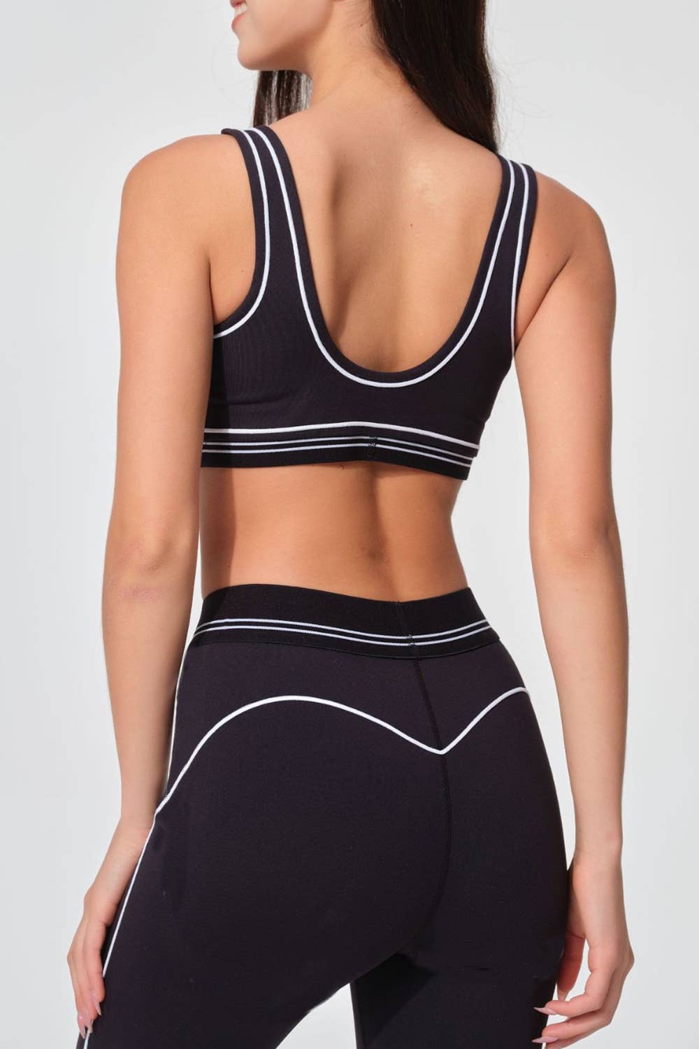 Premium sports bra with matching white trim line legging set: Black