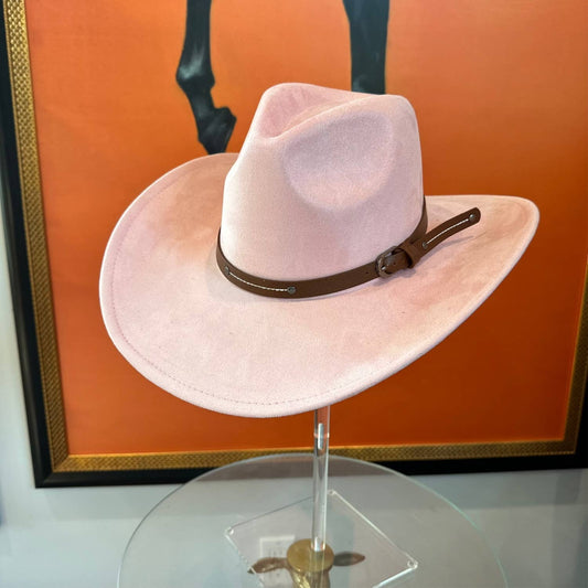 Vegan Suede Cowboy hat stiff Brim W/ Leather  Belt: PINK / ONE SIZE
