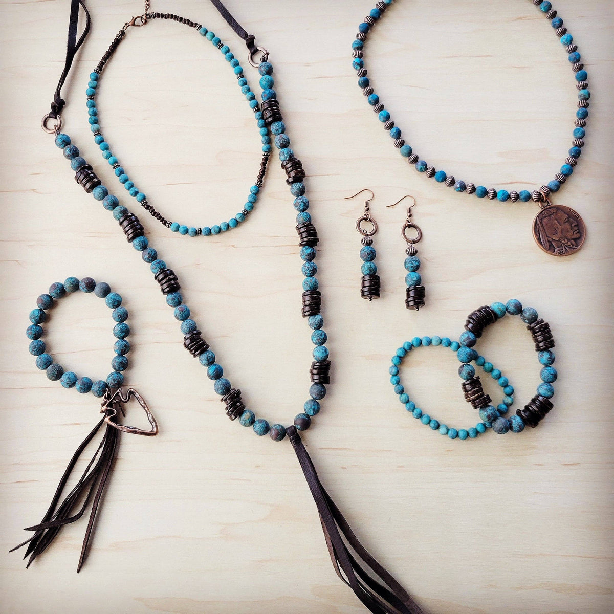 **Natural American Turq Necklace w/ Wood Beads & Tassel