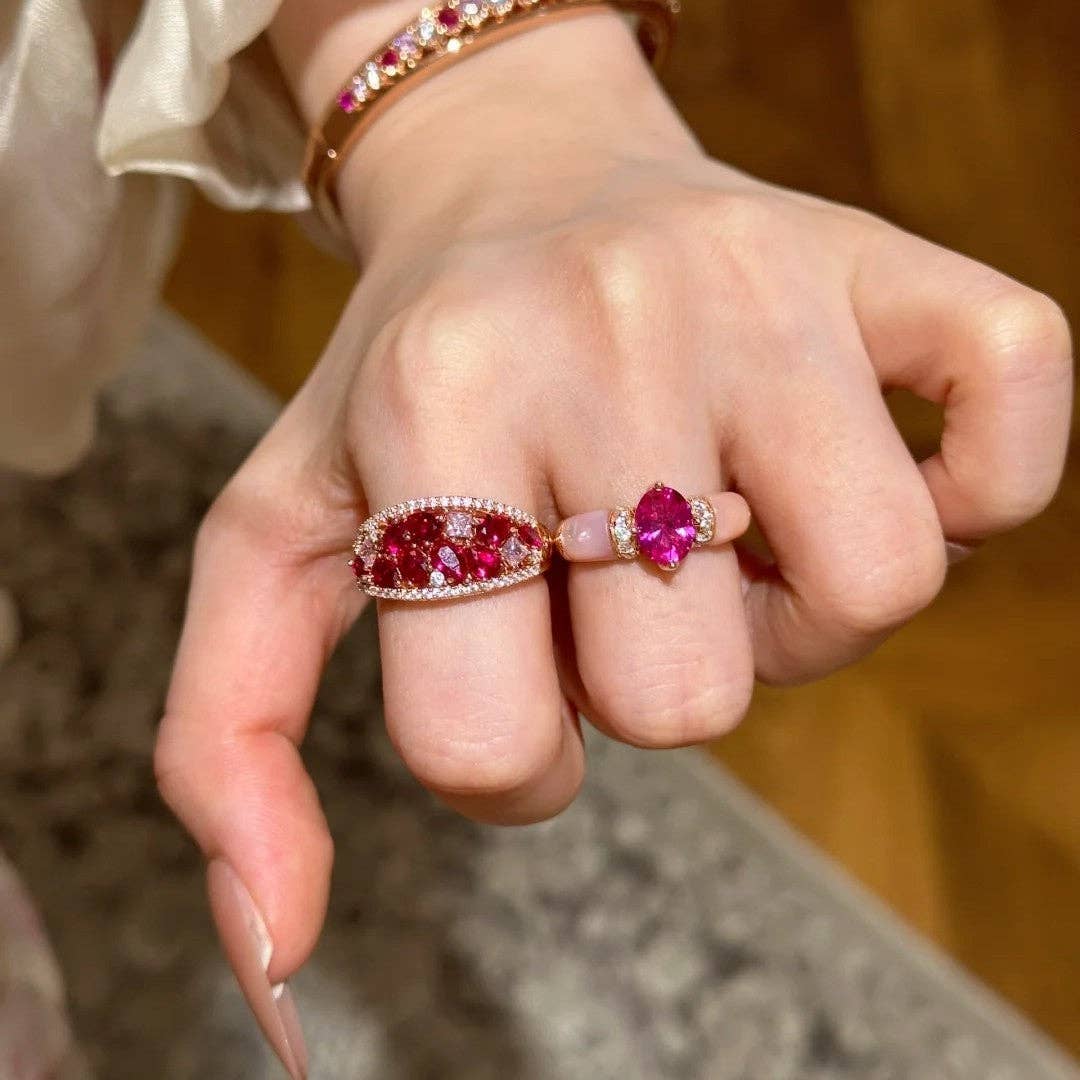 Pavé Crystal Floral Ring: Champagne / Red Corundum Pavé Ring / Adjustable
