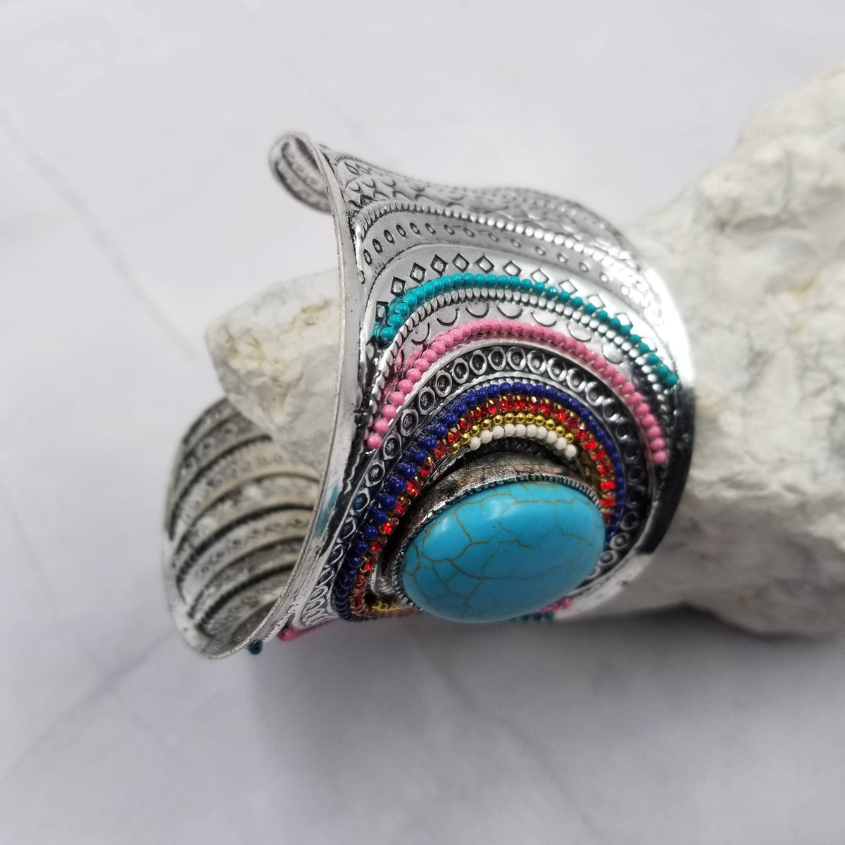 Turquoise Gemstone Silver Wavy Bangle Cuff Bracelet
