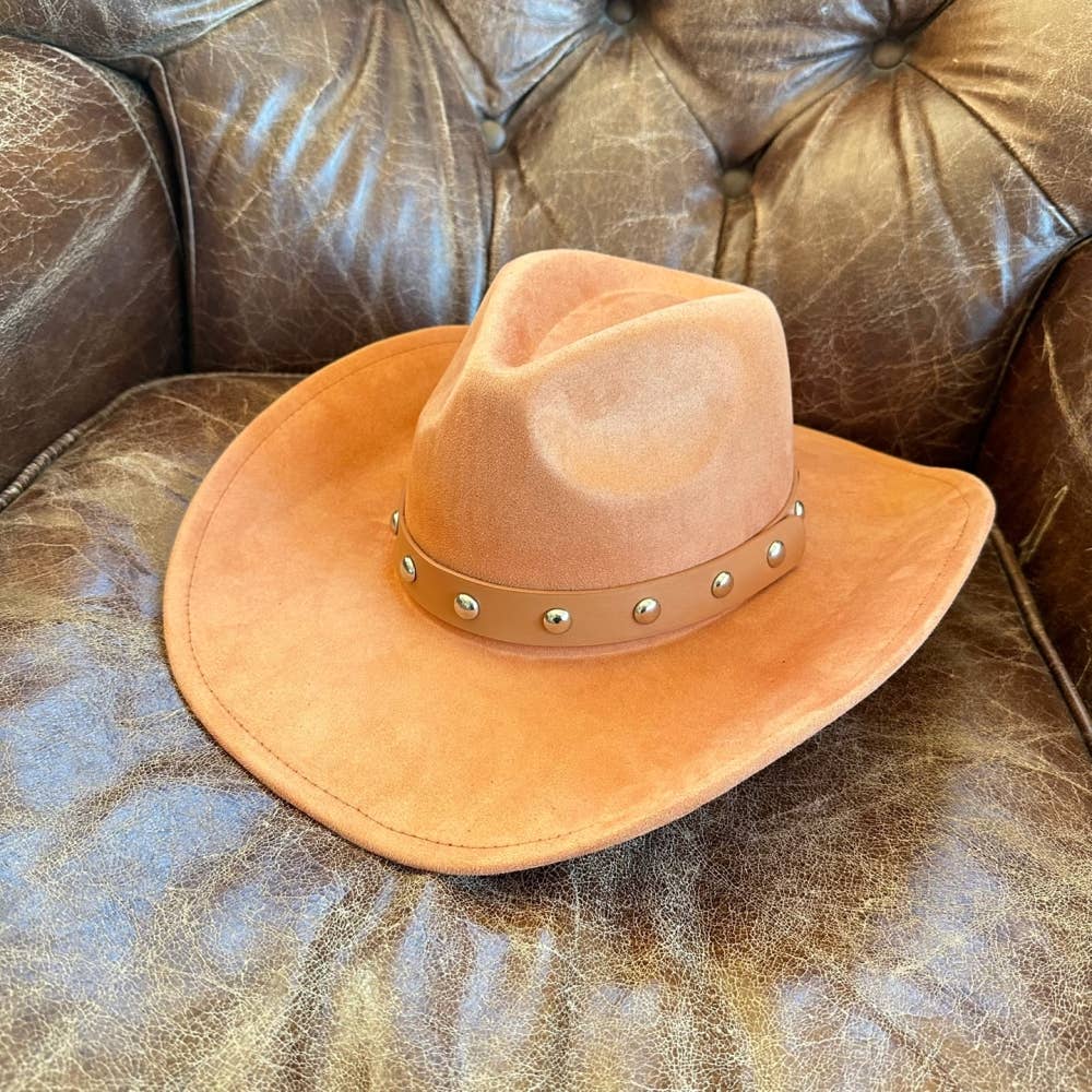 Vegan suede cattleman cowboy hat With Steard Leather belt st: CAMEL / ONE SIZE