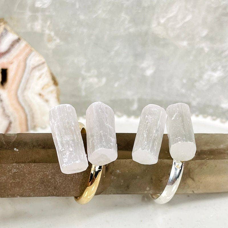 Assorted Double Crystal Rings - Aquamarine, Selenite, Quartz: Silver / Aquamarine
