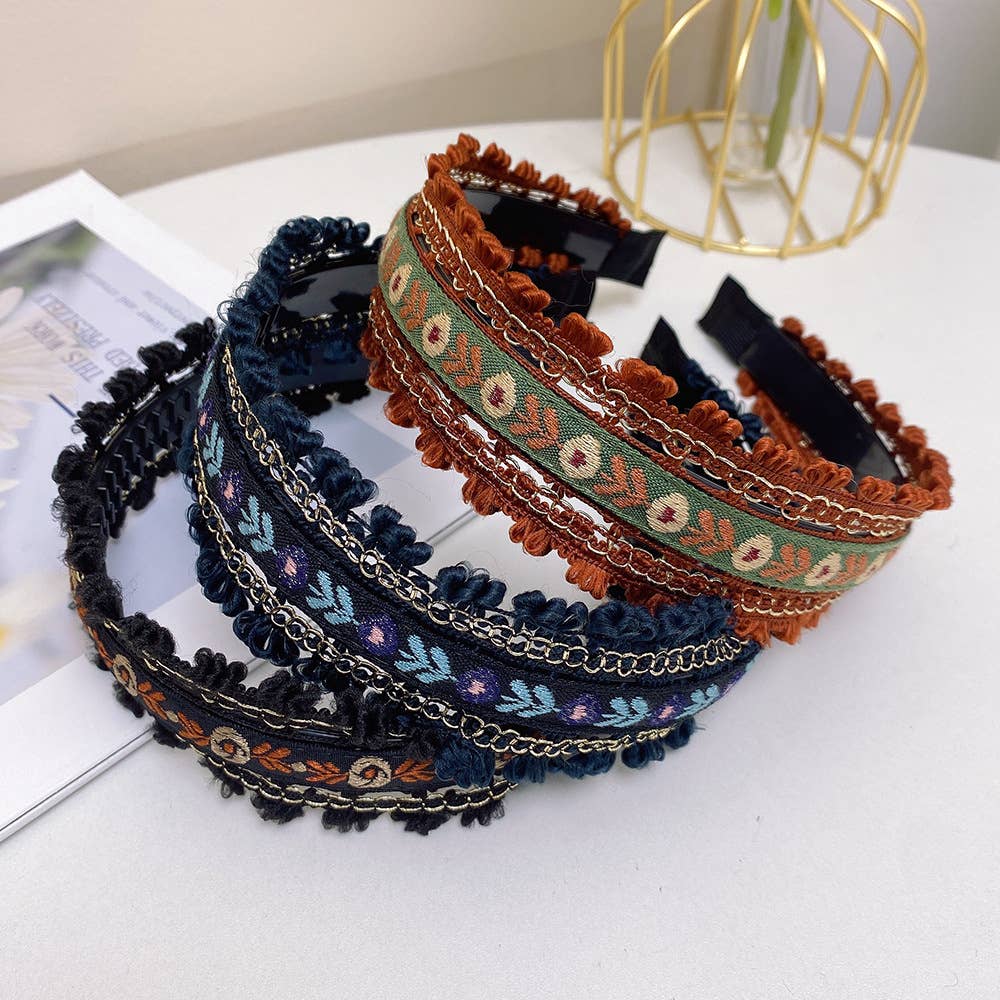 Boho Embroidered Floral Fabric Hair Bands: Black