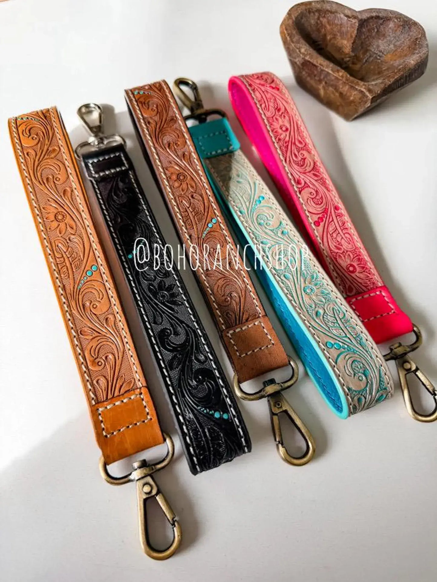 Hand Tooled Leather Keychain - Key Fob: SKINNY - TAN