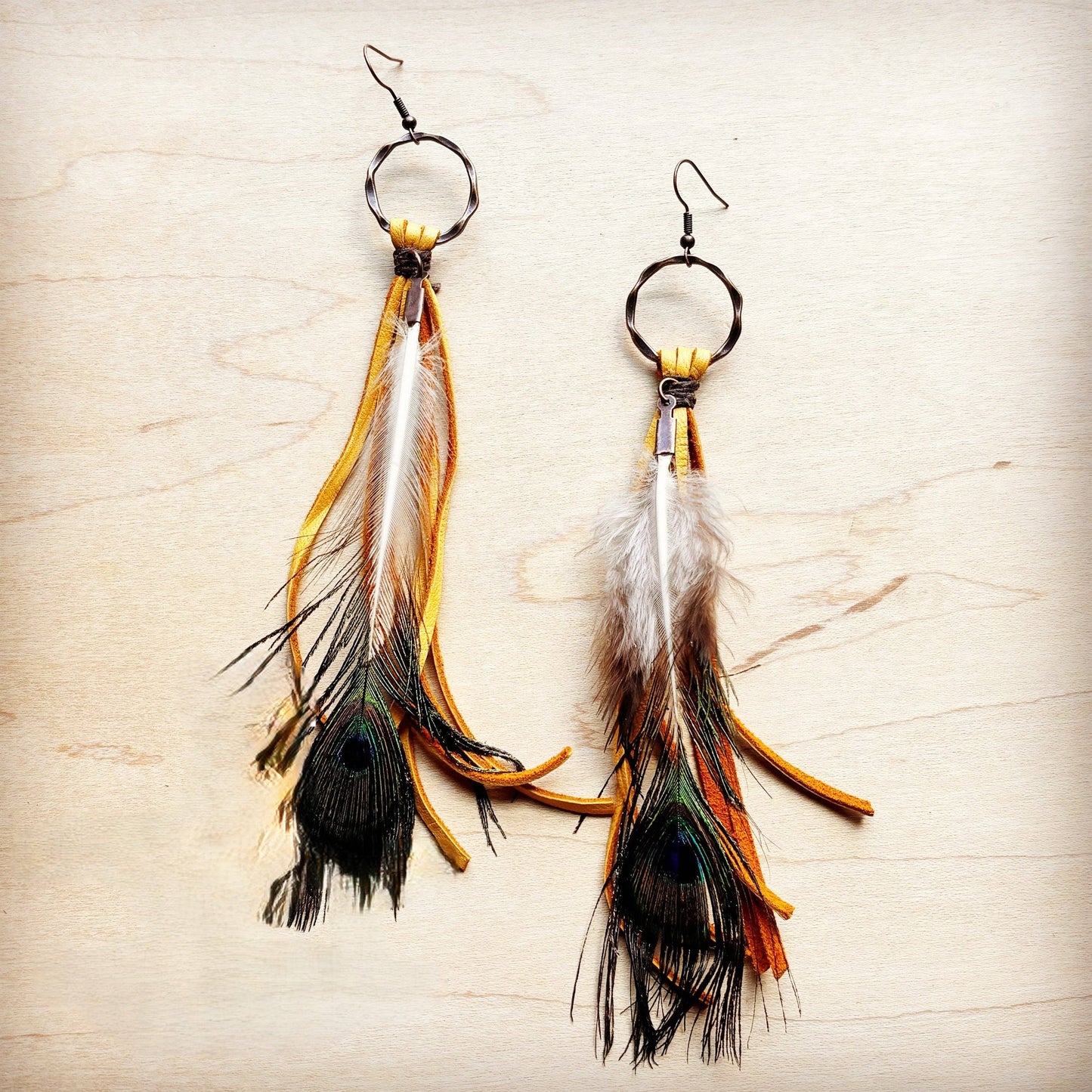 Yellow Deer Skin Leather Tassel Earring Peacock Feather 219i: Yellow