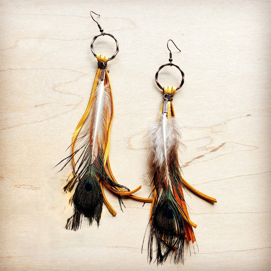 Yellow Deer Skin Leather Tassel Earring Peacock Feather 219i: Yellow