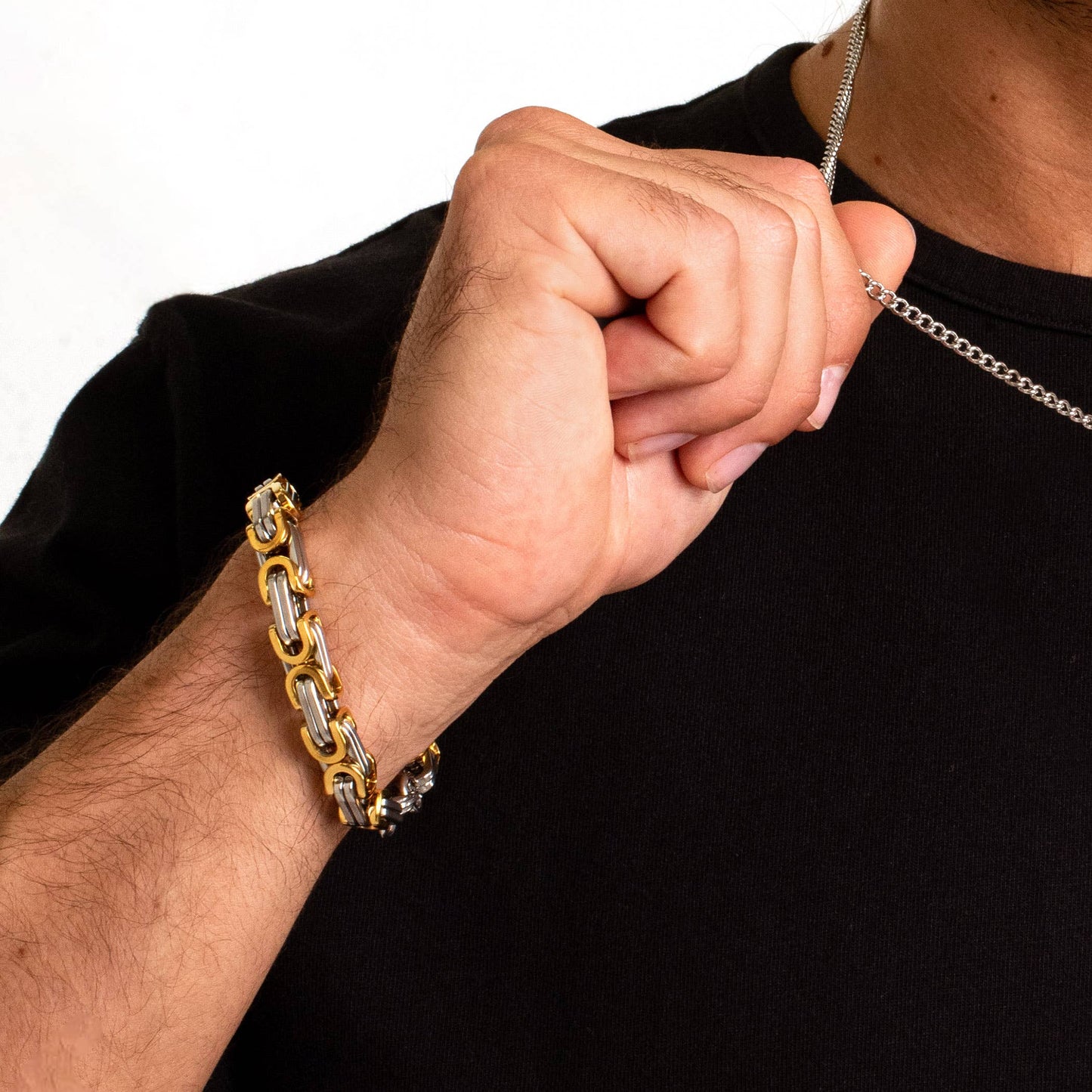 Two Tone Stainless Steel Byzantine Chain Bracelet