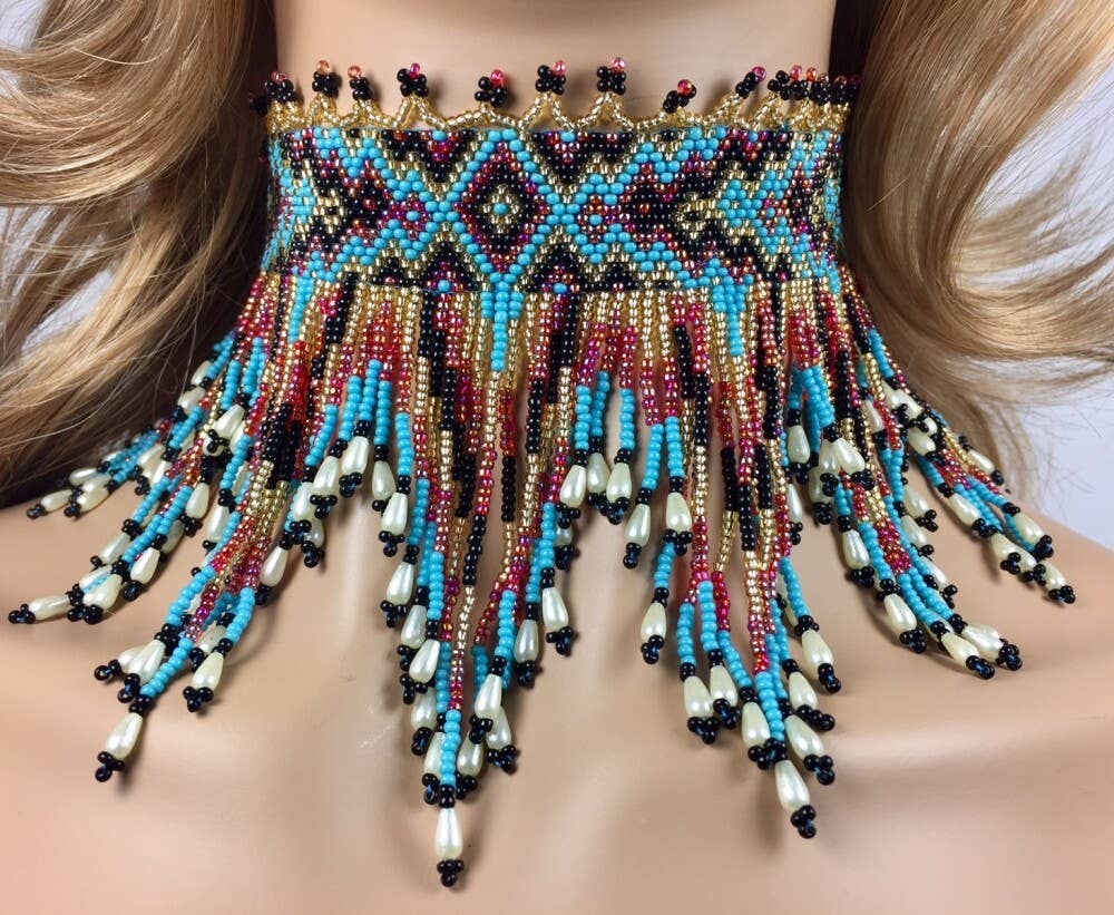 Handmade Cyan Blue, Red Statement Choker Necklace
