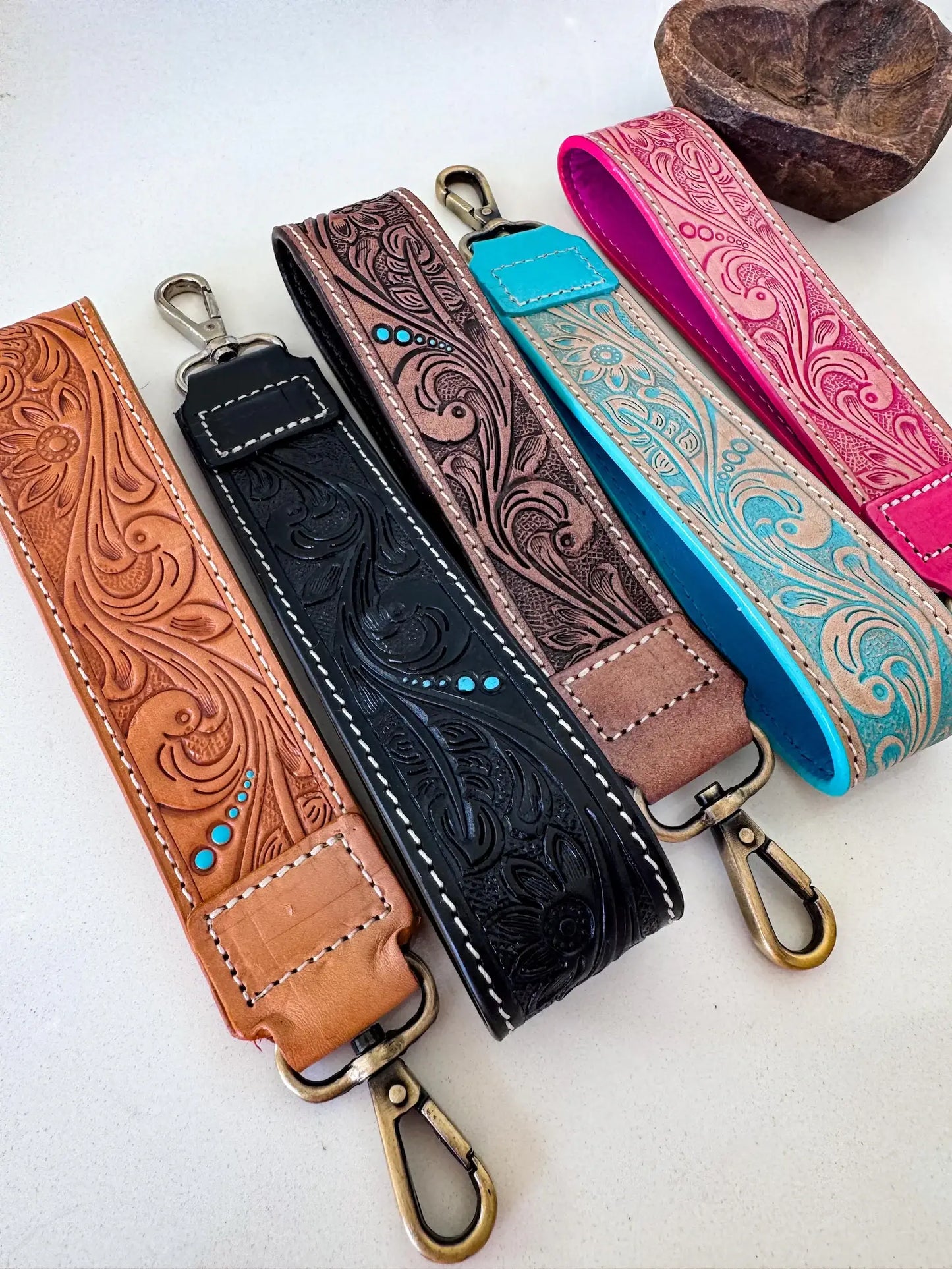 Hand Tooled Leather Keychain - Key Fob: SKINNY - TAN