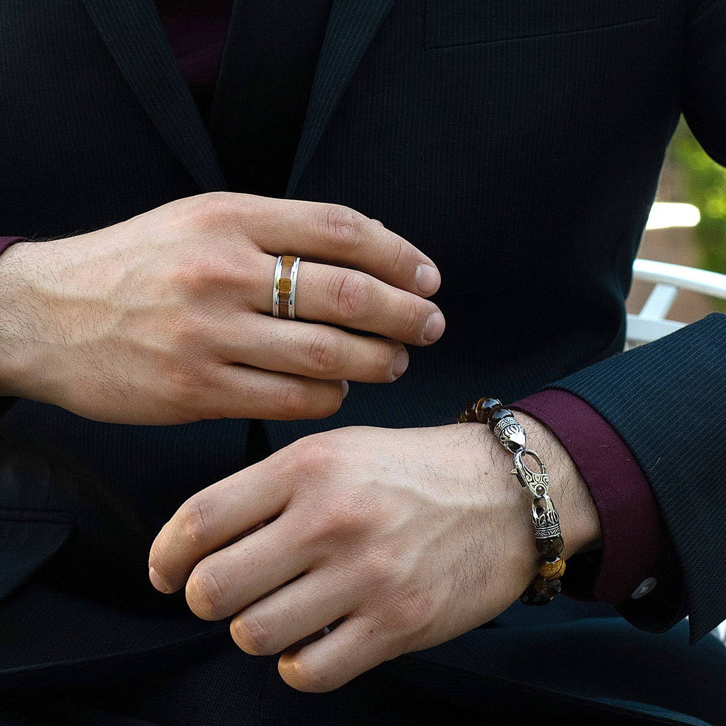 Wood Inlay Ridged Edge Stainless Steel Band Ring: 9